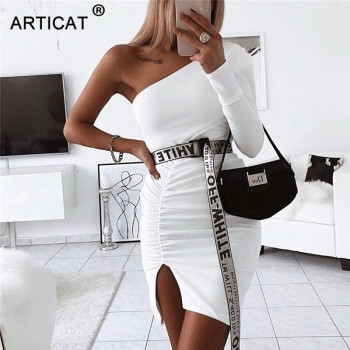 Off One Shoulder Sexy Party Dress Women Pleated Split Bodycon Mini Ruched Dress
